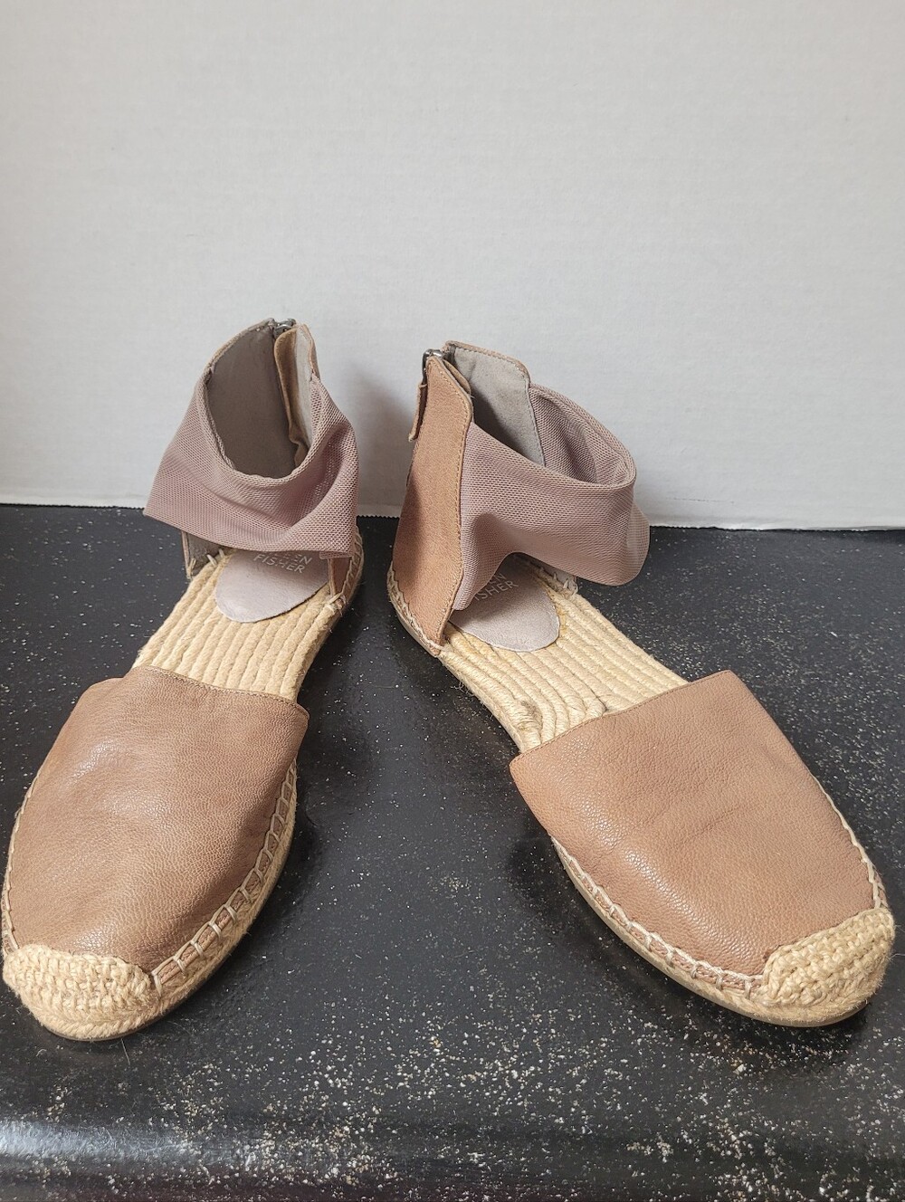 Eileen Fisher Lala Tan Leather Espadrille Ankle-Wrap Flats
